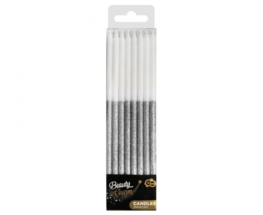 Świeczki B&C brokatowe srebrne 14,5x0,6cm (16szt) SF-SBSR GoDan